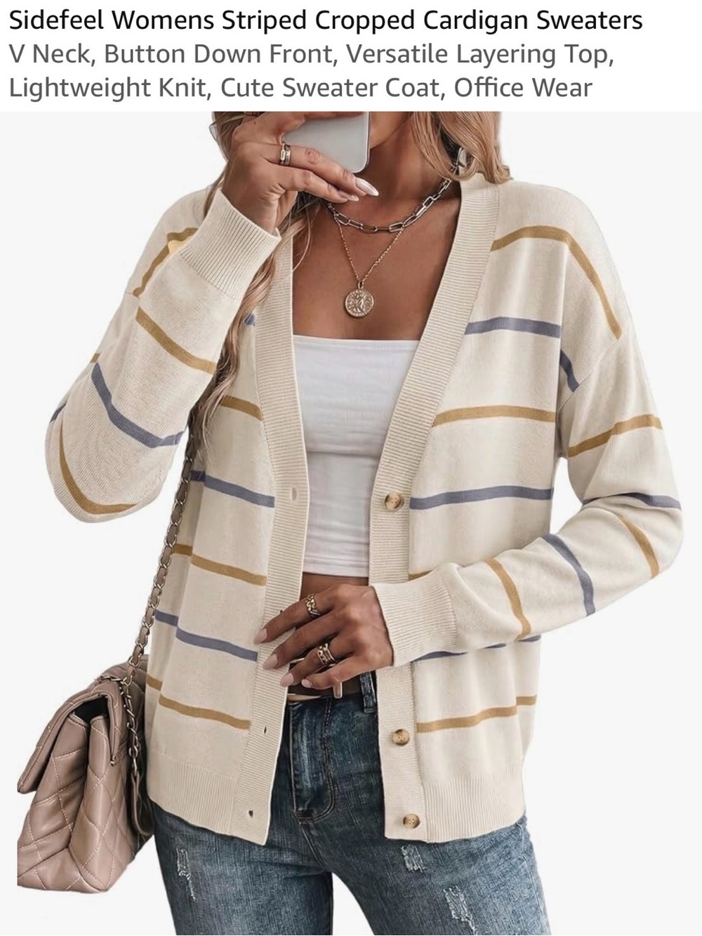 Striped V-Neck Cardigan Sweater - Cream with Blue-Gray & Tan Stripes